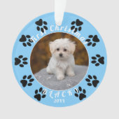子犬の初めてのクリスマスブルーポードッグ写真 オーナメント (正面)