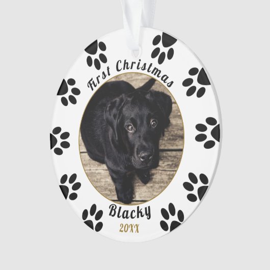 子犬の初めてのクリスマスポープリントドッグ写真 オーナメント (正面)