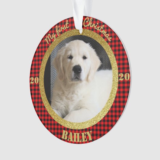 子犬の初めてのクリスマス写真 オーナメント (正面)