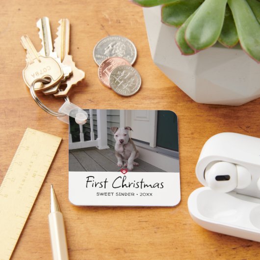 子犬の初めてのクリスマス写真 キーホルダー (デスク)