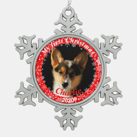 子犬の初めてのクリスマス写真 スノーフレークピューターオーナメント (正面)