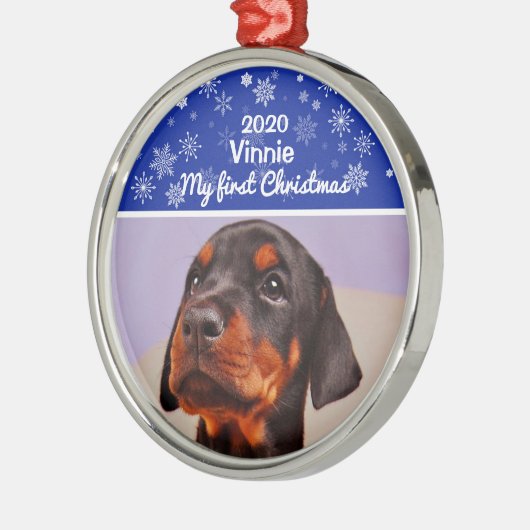 子犬の初めてのクリスマス写真 メタルオーナメント (左)