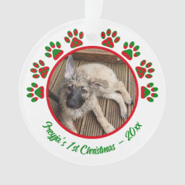 子犬の初めてのクリスマス写真 足跡 グリーン オーナメント