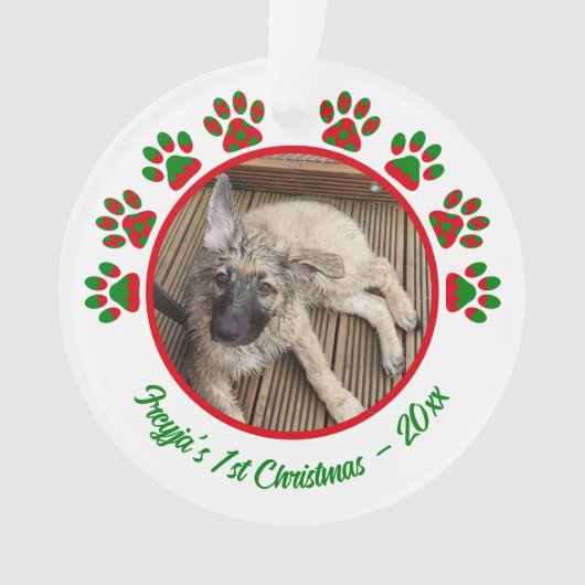 子犬の初めてのクリスマス写真 足跡 グリーン オーナメント (正面)
