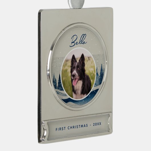 子犬の初めてのクリスマス冬林犬の写真 シルバープレートバナーオーナメント (右)