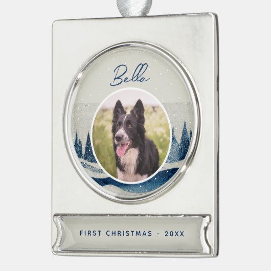子犬の初めてのクリスマス冬林犬の写真 シルバープレートバナーオーナメント (左)