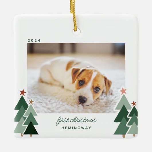 子犬の初めてのクリスマス素朴の写真 セラミックオーナメント (正面)