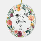 子犬の初めてのクリスマス|の花のリースおよび写真 セラミックオーナメント (左)