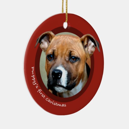 子犬の初めてのクリスマス(アメリカの(犬)スタッフォード) セラミックオーナメント (右)
