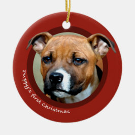 子犬の初めてのクリスマス(アメリカの（犬）スタッフォード) セラミックオーナメント