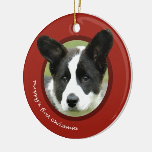 子犬の初めてのクリスマス(カーディガンのウェルシュコーギー) セラミックオーナメント (左)