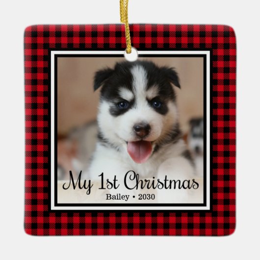 子犬の初めてのクリスマス セラミックオーナメント (正面)