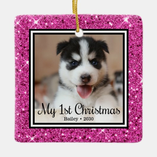 子犬の初めてのクリスマス セラミックオーナメント (正面)