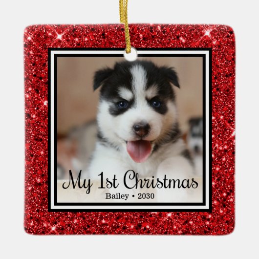 子犬の初めてのクリスマス セラミックオーナメント (正面)