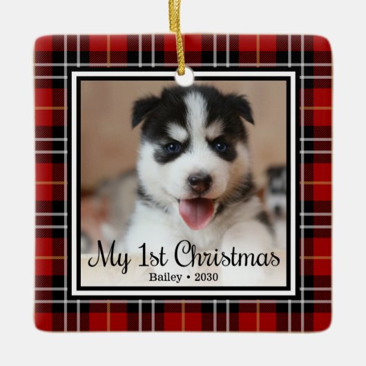 子犬の初めてのクリスマス セラミックオーナメント (正面)