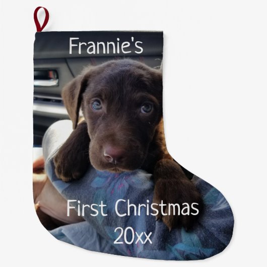 子犬の初めてのクリスマス ラージクリスマスストッキング (正面)