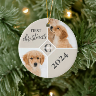 子犬の初めてのクリスマス 2 枚の写真 セラミックオーナメント