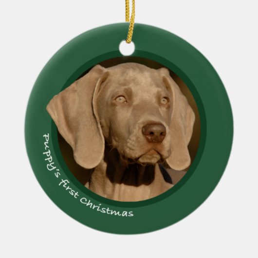 子犬の初めてのクリスマス(Weimaraner) セラミックオーナメント (正面)