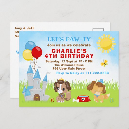 子犬の城の青い誕生日パーティーのポストカード ポストカード (正面/裏面)