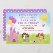 子犬の城ピンクの誕生日パーティーの招待 招待状 (正面/裏面)