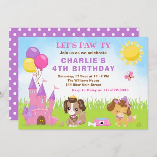 子犬の城ピンクの誕生日パーティーの招待 招待状 (正面/裏面)
