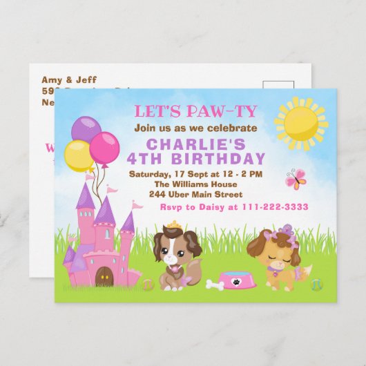 子犬の城ピンクの誕生日パーティーはがき ポストカード (正面/裏面)