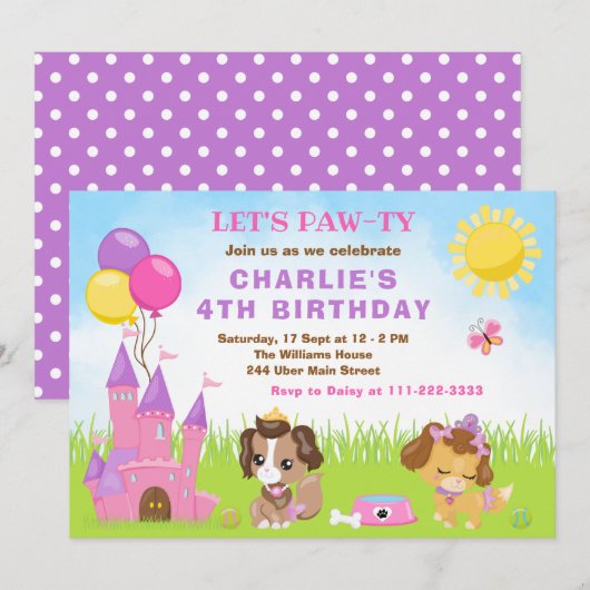 子犬の城 ピンクの誕生日パーティー招待状 招待状 (正面/裏面)