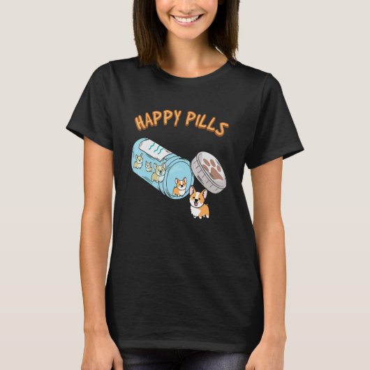 子犬の幸せな薬 かわいいコーギーの幸せ 犬 Tシャツ (正面)