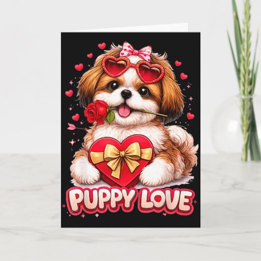 子犬の恋バレンタイン シー・ズー 犬 かわいい ロマンス カード (正面)