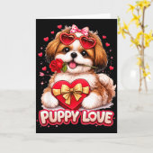 子犬の恋バレンタイン シー・ズー 犬 かわいい ロマンス カード (黄色い花)
