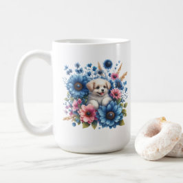 子犬の愛といろどりの花 マグカップ