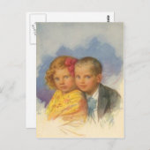 子犬の愛、ヴィンテージの子供、男の子と女の子のポートレート ポストカード (正面/裏面)