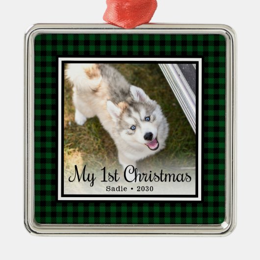 子犬の最初のクリスマス写真 メタルオーナメント (正面)