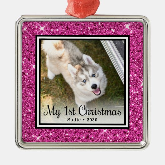 子犬の最初のクリスマス写真 メタルオーナメント (正面)
