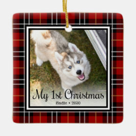 子犬の最初のクリスマス2枚の写真 セラミックオーナメント