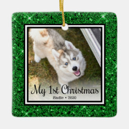 子犬の最初のクリスマス2枚の写真 セラミックオーナメント