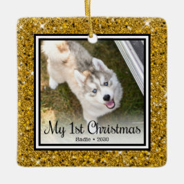 子犬の最初のクリスマス2枚の写真 セラミックオーナメント