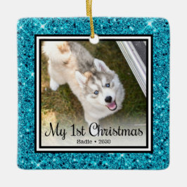 子犬の最初のクリスマス2枚の写真 セラミックオーナメント