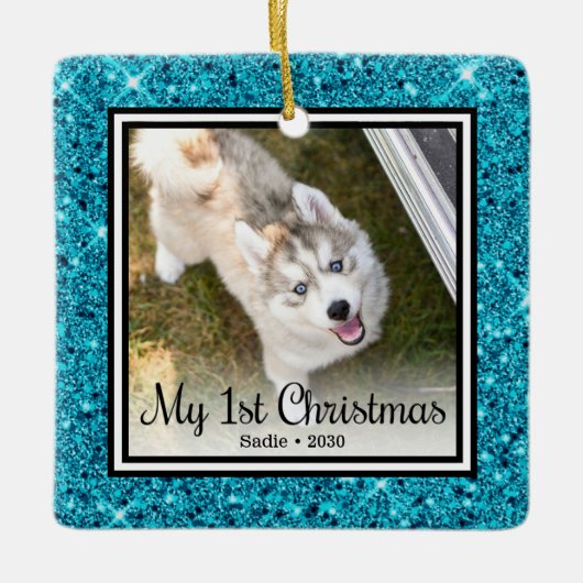 子犬の最初のクリスマス2枚の写真 セラミックオーナメント (正面)