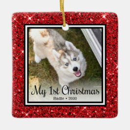 子犬の最初のクリスマス2枚の写真 セラミックオーナメント