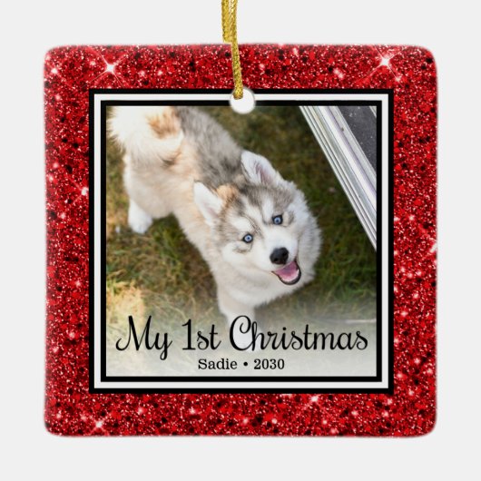 子犬の最初のクリスマス2枚の写真 セラミックオーナメント (正面)