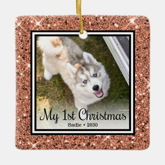 子犬の最初のクリスマス2枚の写真 セラミックオーナメント (正面)