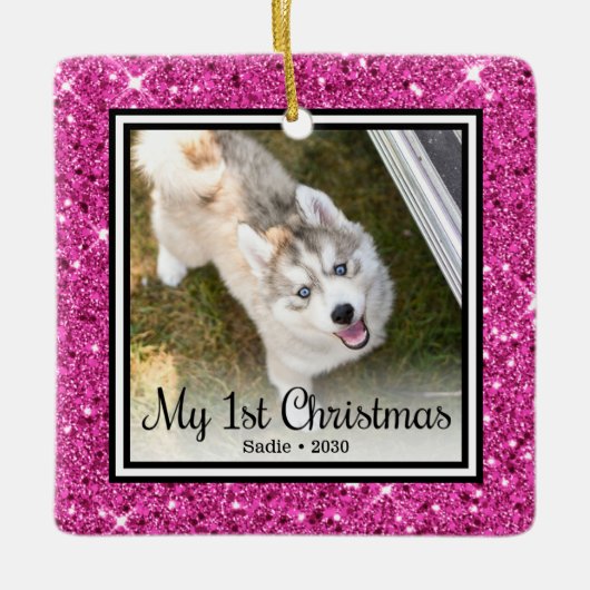 子犬の最初のクリスマス2枚の写真 セラミックオーナメント (正面)