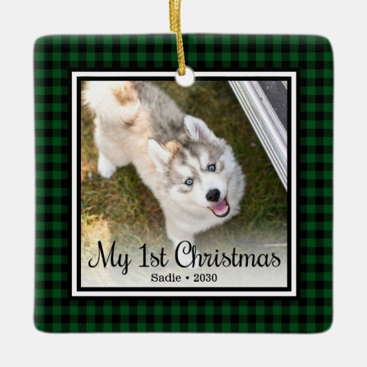 子犬の最初のクリスマス2枚の写真 セラミックオーナメント (正面)
