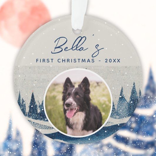 子犬の最初のクリスマス 冬の森の犬の写真 オーナメント