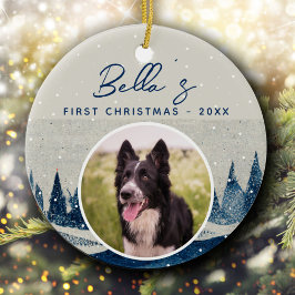 子犬の最初のクリスマス 冬の森の犬の写真 セラミックオーナメント