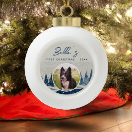 子犬の最初のクリスマス 冬の森の犬の写真 セラミックボールオーナメント
