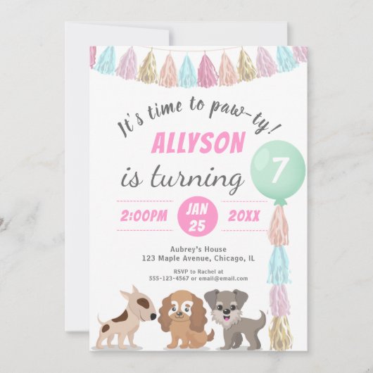 子犬の漫画の犬をテーマにした子供の誕生日パーティーの出欠確認 招待状 (正面)