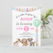 子犬の漫画の犬をテーマにした子供の誕生日パーティーの出欠確認 招待状 (スタンド正面)