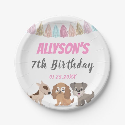 子犬の漫画の犬テーマの誕生パーティー ペーパープレート (正面)